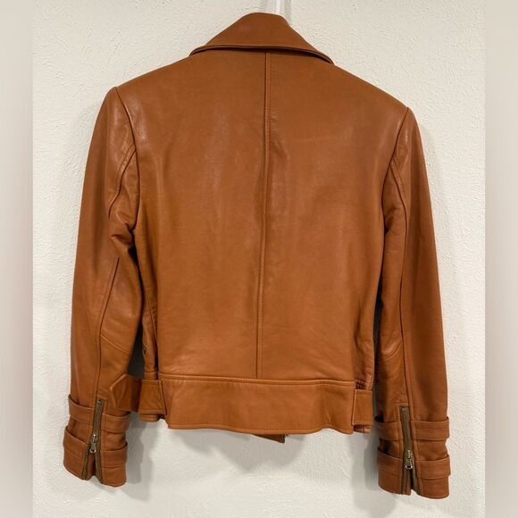 L’AGENCE Billie Cognac Leather Belted Moto Jacket Size XS EUC - Picture 9 of 11